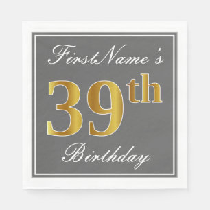 Elegant Grey, Faux Gold 39th Birthday; Custom Name Napkin