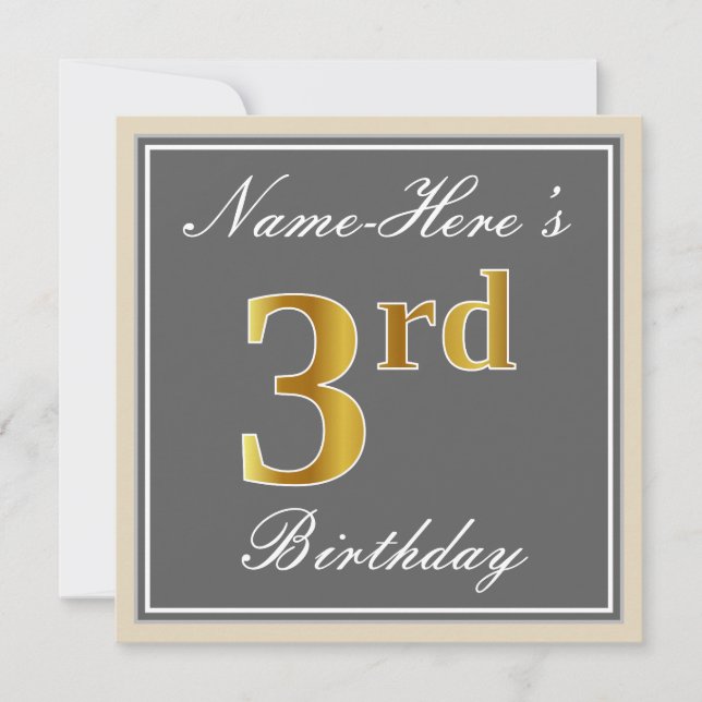 Elegant, Grey, Faux Gold 3rd Birthday; Custom Name Invitation (Front)