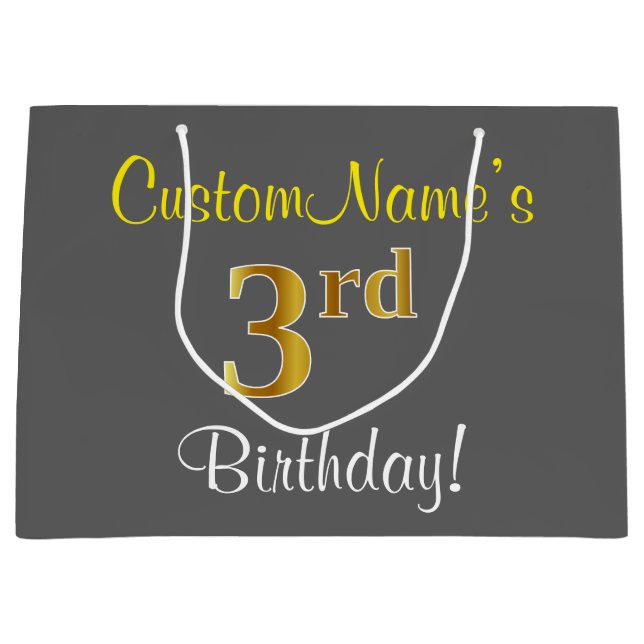 Elegant, Grey, Faux Gold 3rd Birthday; Custom Name Large Gift Bag (Front)