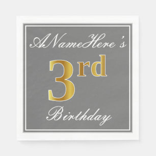Elegant Grey, Faux Gold 3rd Birthday + Custom Name Napkin