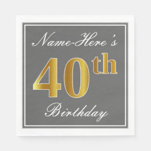 Elegant Grey, Faux Gold 40th Birthday; Custom Name Napkin