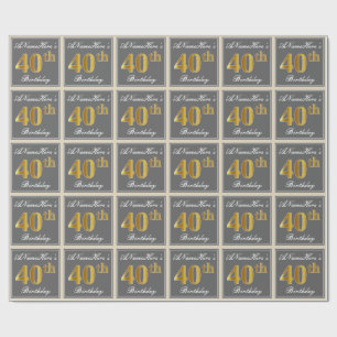 Elegant, Grey, Faux Gold 40th Birthday + Name Wrapping Paper