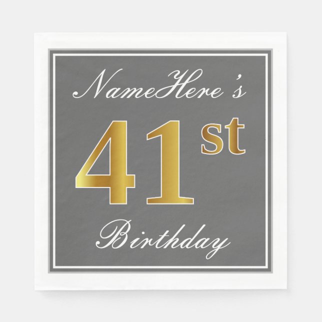 Elegant Grey, Faux Gold 41st Birthday; Custom Name Napkin (Front)