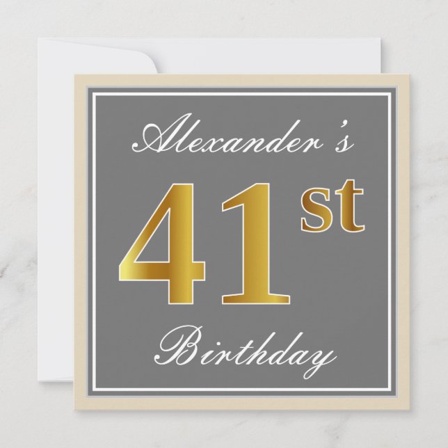 Elegant, Grey, Faux Gold 41st Birthday + Name Invitation (Front)