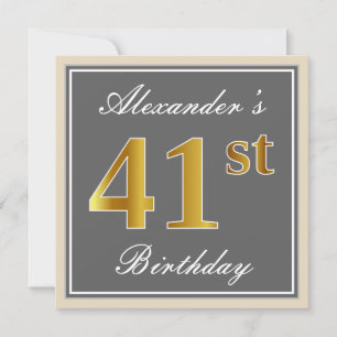 Elegant, Grey, Faux Gold 41st Birthday + Name Invitation