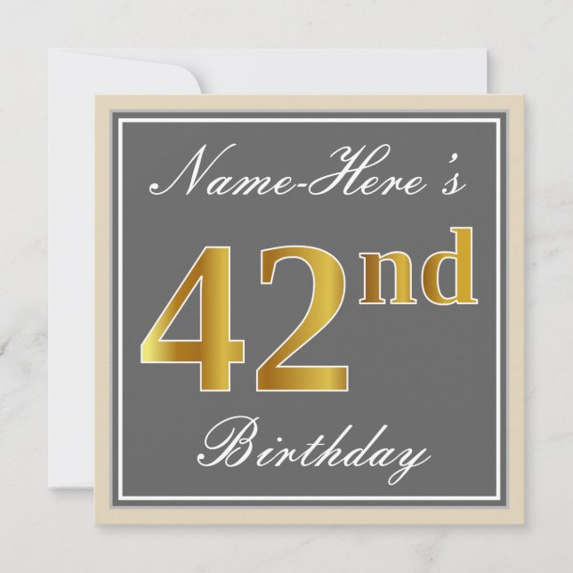 Elegant, Grey, Faux Gold 42nd Birthday + Name Invitation (Front)