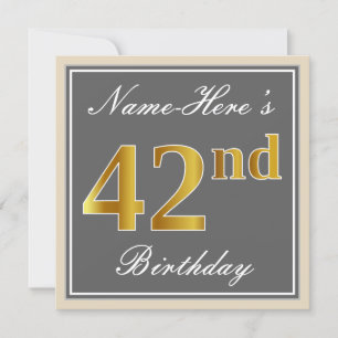 Elegant, Grey, Faux Gold 42nd Birthday + Name Invitation