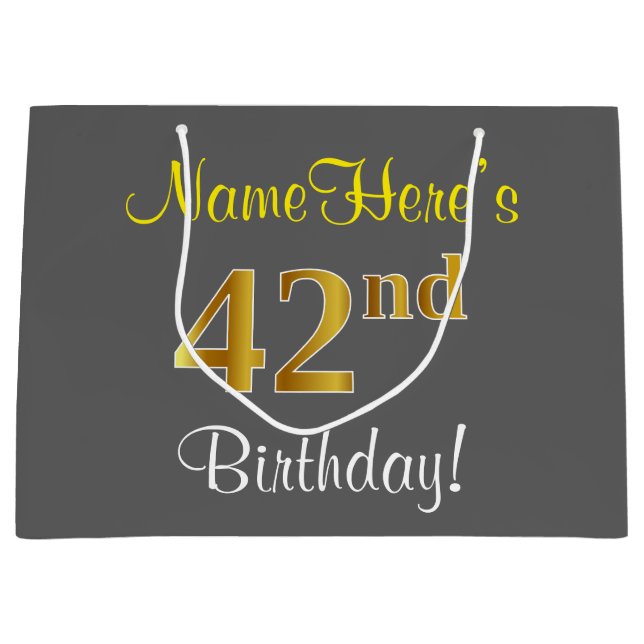 Elegant, Grey, Faux Gold 42nd Birthday + Name Large Gift Bag (Front)