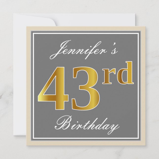Elegant, Grey, Faux Gold 43rd Birthday + Name Invitation (Front)