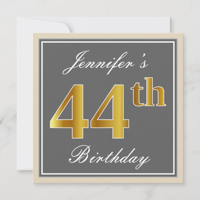 Elegant, Grey, Faux Gold 44th Birthday + Name Invitation (Front)