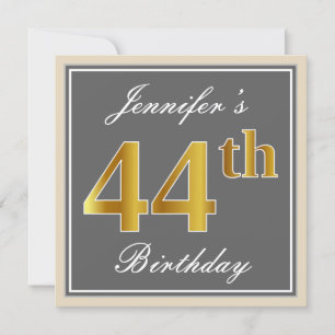 Elegant, Grey, Faux Gold 44th Birthday + Name Invitation