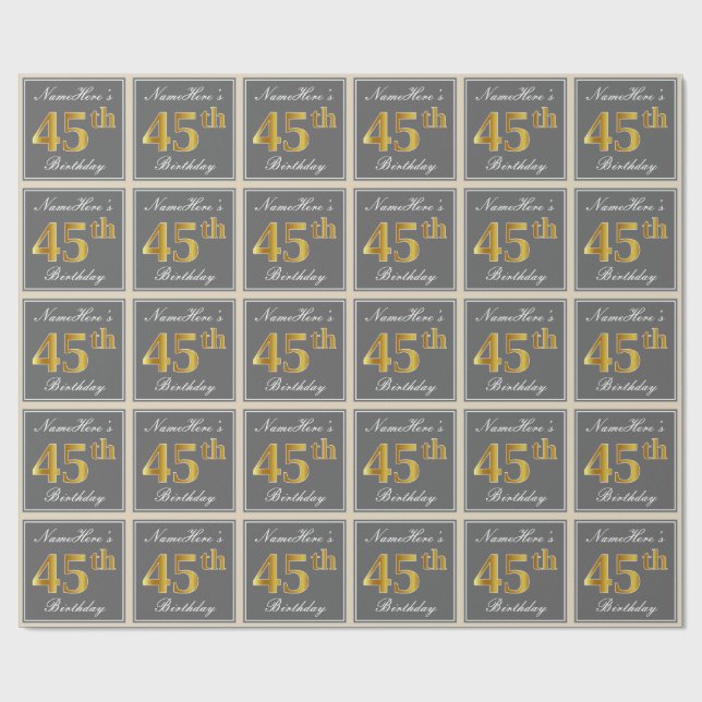Elegant, Grey, Faux Gold 45th Birthday + Name Wrapping Paper (Flat)