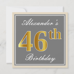 Elegant, Grey, Faux Gold 46th Birthday + Name Invitation