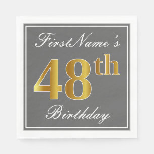 Elegant Grey, Faux Gold 48th Birthday; Custom Name Napkin