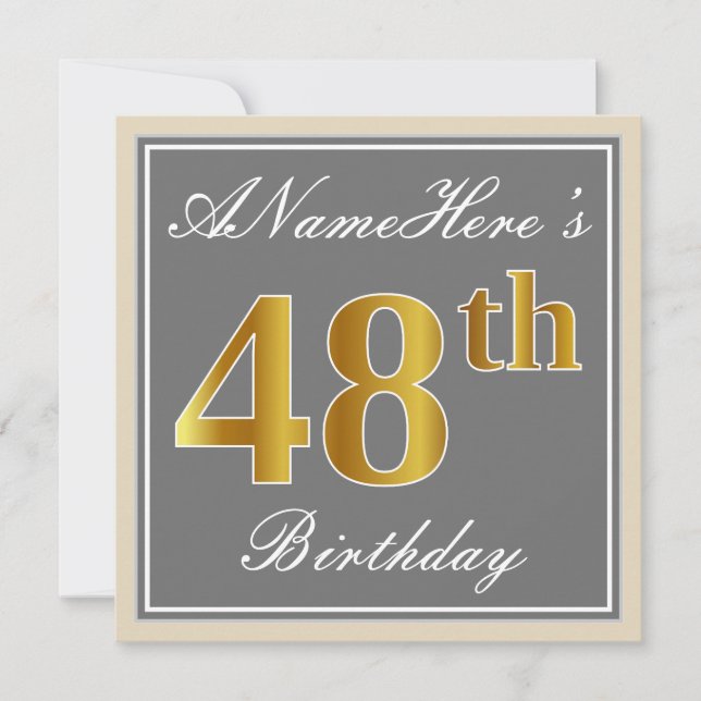 Elegant, Grey, Faux Gold 48th Birthday + Name Invitation (Front)