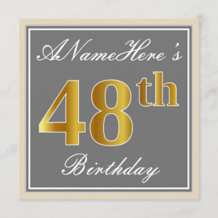 Elegant, Grey, Faux Gold 48th Birthday + Name Invitation