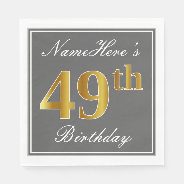 Elegant Grey, Faux Gold 49th Birthday; Custom Name Napkin (Front)