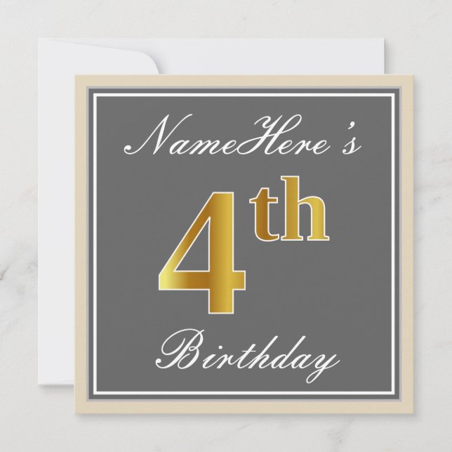 Elegant, Grey, Faux Gold 4th Birthday; Custom Name Invitation (Front)