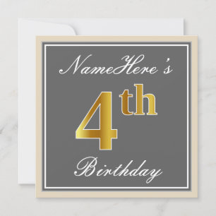 Elegant, Grey, Faux Gold 4th Birthday; Custom Name Invitation