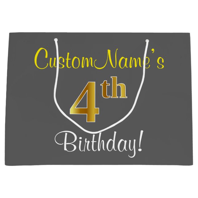 Elegant, Grey, Faux Gold 4th Birthday; Custom Name Large Gift Bag (Front)