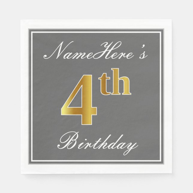 Elegant Grey, Faux Gold 4th Birthday + Custom Name Napkin (Front)