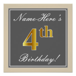 Elegant, Grey, Faux Gold 4th Birthday; Custom Name Poster
