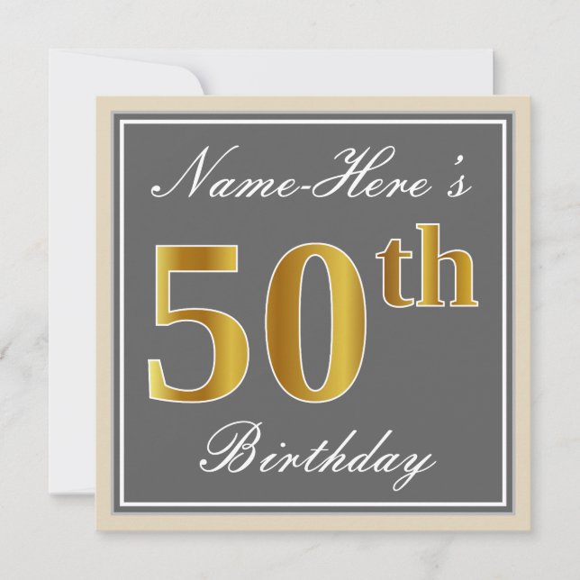 Elegant, Grey, Faux Gold 50th Birthday + Name Invitation (Front)