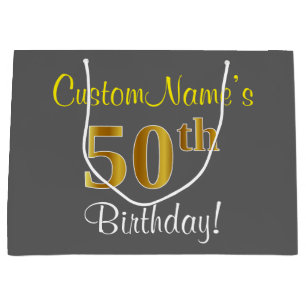 Elegant, Grey, Faux Gold 50th Birthday + Name Large Gift Bag