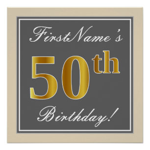 Elegant, Grey, Faux Gold 50th Birthday + Name Poster