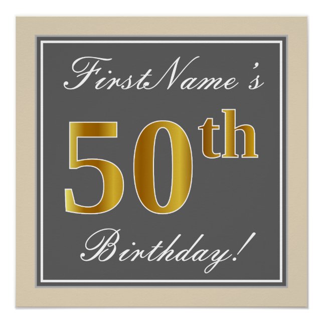 Elegant, Grey, Faux Gold 50th Birthday + Name Poster (Front)