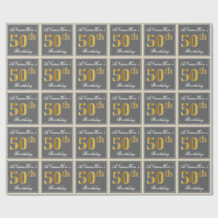 Elegant, Grey, Faux Gold 50th Birthday + Name Wrapping Paper