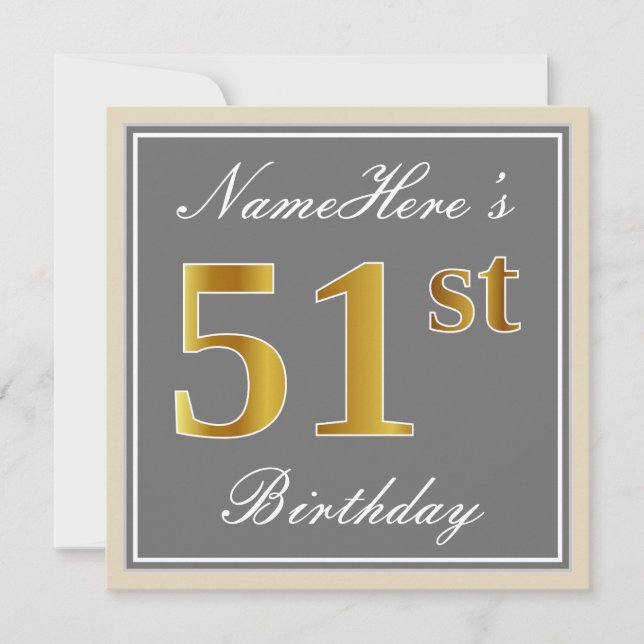 Elegant, Grey, Faux Gold 51st Birthday + Name Invitation (Front)
