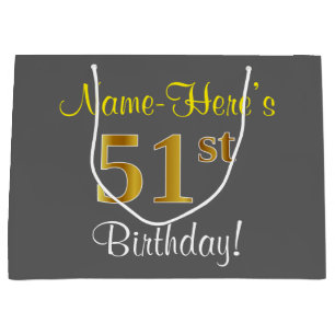 Elegant, Grey, Faux Gold 51st Birthday + Name Large Gift Bag