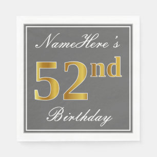 Elegant Grey, Faux Gold 52nd Birthday; Custom Name Napkin