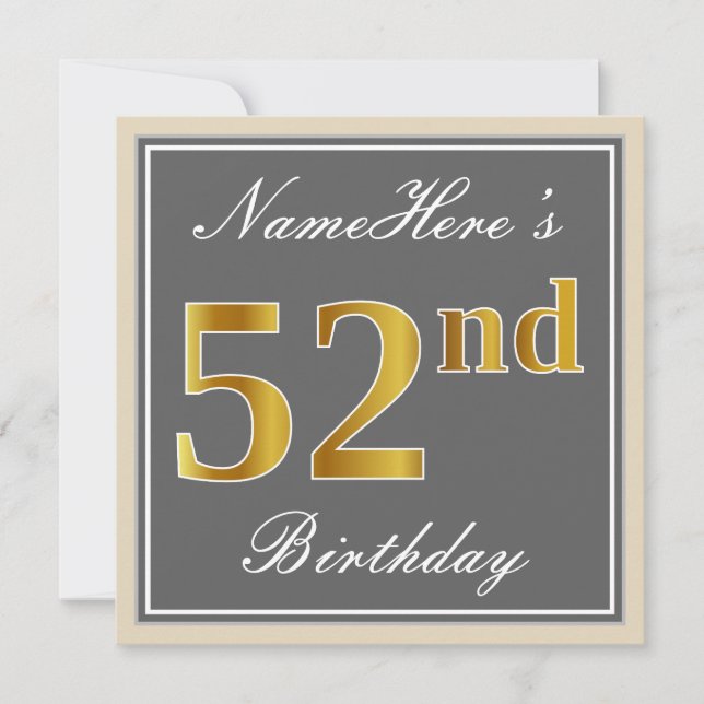 Elegant, Grey, Faux Gold 52nd Birthday + Name Invitation (Front)