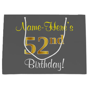Elegant, Grey, Faux Gold 52nd Birthday + Name Large Gift Bag