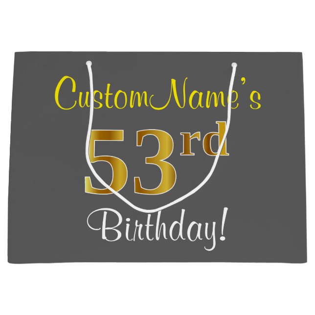 Elegant, Grey, Faux Gold 53rd Birthday + Name Large Gift Bag (Front)