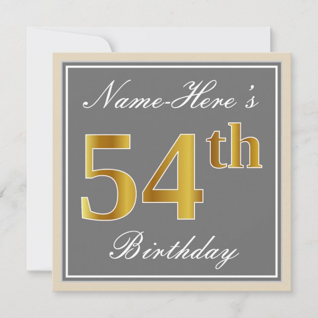 Elegant, Grey, Faux Gold 54th Birthday + Name Invitation (Front)
