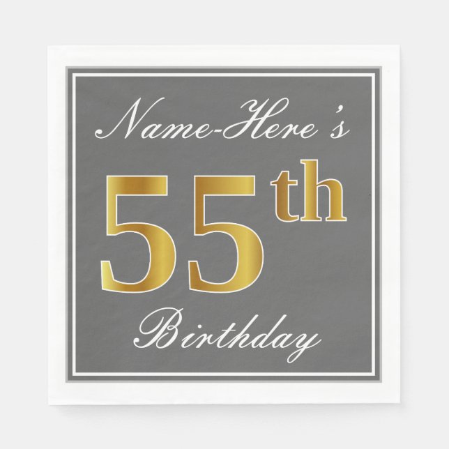 Elegant Grey, Faux Gold 55th Birthday; Custom Name Napkin (Front)