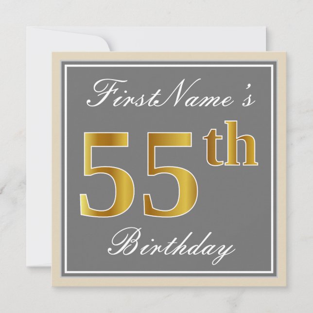 Elegant, Grey, Faux Gold 55th Birthday + Name Invitation (Front)