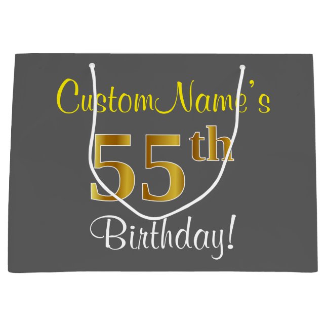 Elegant, Grey, Faux Gold 55th Birthday + Name Large Gift Bag (Front)