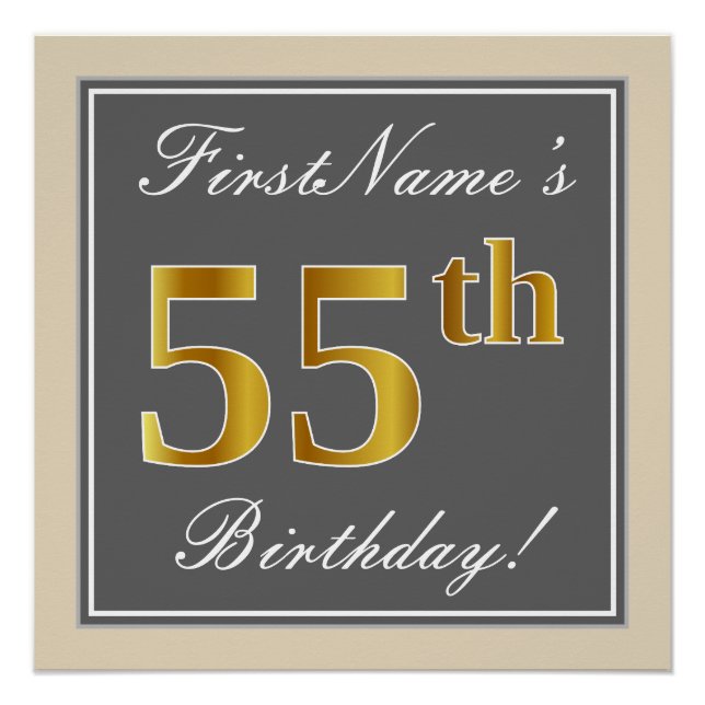 Elegant, Grey, Faux Gold 55th Birthday + Name Poster (Front)