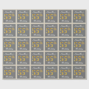 Elegant, Grey, Faux Gold 55th Birthday + Name Wrapping Paper