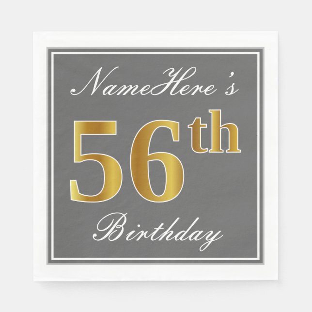 Elegant Grey, Faux Gold 56th Birthday; Custom Name Napkin (Front)