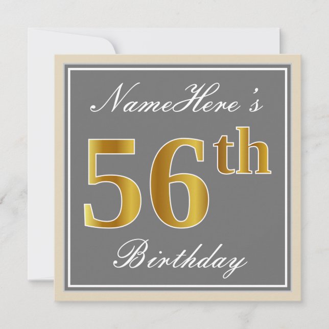 Elegant, Grey, Faux Gold 56th Birthday + Name Invitation (Front)