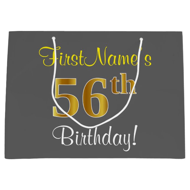 Elegant, Grey, Faux Gold 56th Birthday + Name Large Gift Bag (Front)