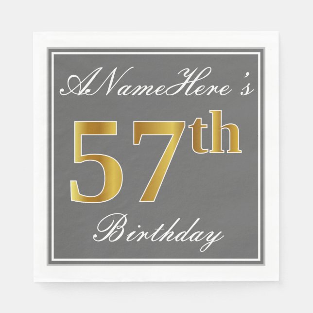 Elegant Grey, Faux Gold 57th Birthday; Custom Name Napkin (Front)