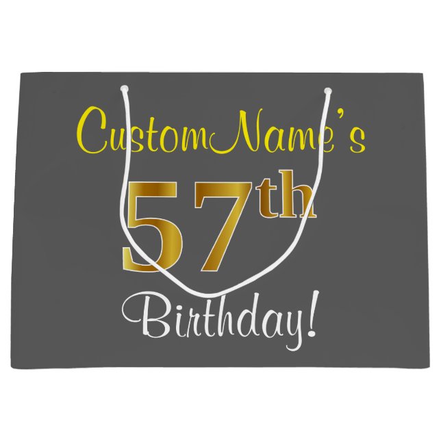 Elegant, Grey, Faux Gold 57th Birthday + Name Large Gift Bag (Front)