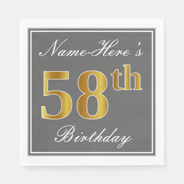 Elegant Grey, Faux Gold 58th Birthday; Custom Name Napkin (Front)