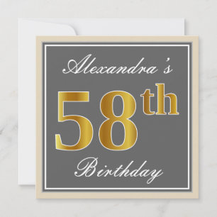 Elegant, Grey, Faux Gold 58th Birthday + Name Invitation
